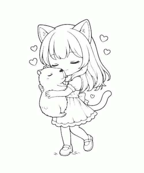 Ausmalbild Anime Mädchen mit Tier Umarmung