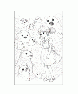 Ausmalbild Anime Mädchen mit lustigen Geistern