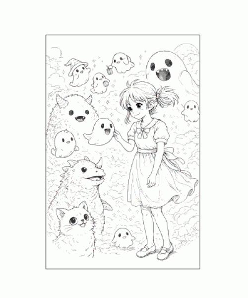 Ausmalbild Anime Mädchen mit lustigen Geistern