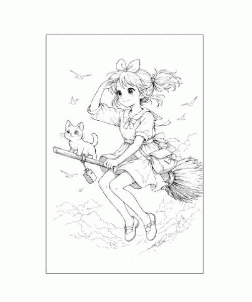 Ausmalbild Anime Mädchen auf fliegendem Besen
