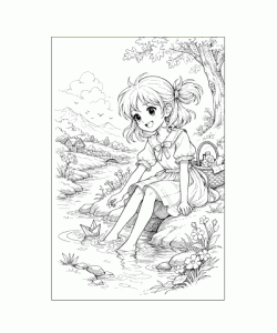 Ausmalbild Anime Mädchen am Bach mit Papierboot