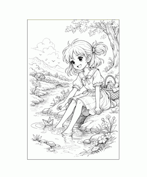 Ausmalbild Anime Mädchen am Bach mit Papierboot