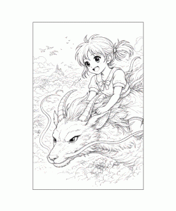 Ausmalbild Anime Mädchen auf fliegendem Drachen