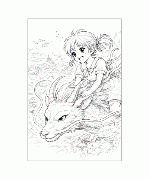 Ausmalbild Anime Mädchen auf fliegendem Drachen