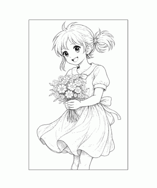Ausmalbild Anime Mädchen mit großem Blumenstrauß