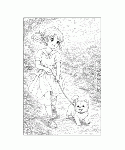 Ausmalbild Anime Mädchen mit Hund an Leine