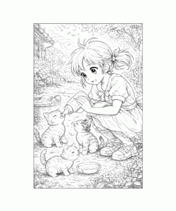 Ausmalbild Anime Mädchen mit kleinen Katzen