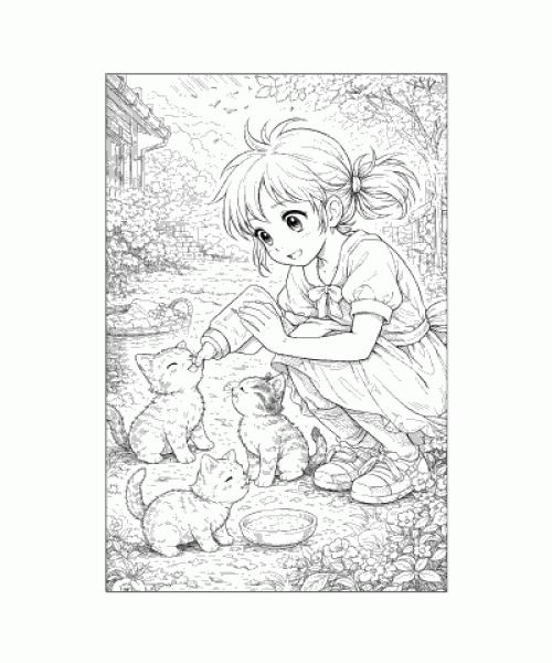 Ausmalbild Anime Mädchen mit kleinen Katzen