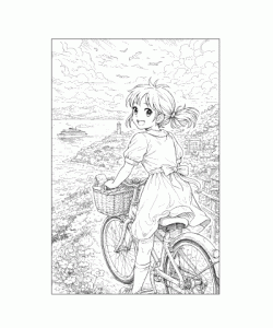 Ausmalbild Anime Mädchen mit Fahrrad am Meer