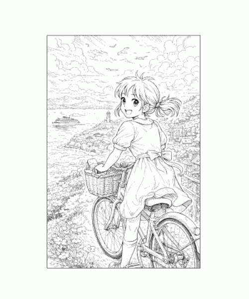 Ausmalbild Anime Mädchen mit Fahrrad am Meer