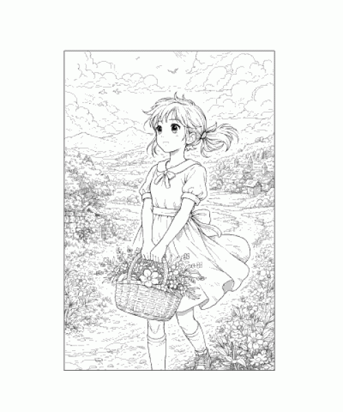 Ausmalbild Anime Mädchen mit Korb voller Blumen
