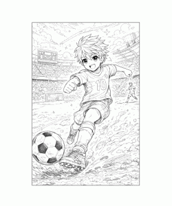 Ausmalbild Anime Junge beim Fußball im Stadion