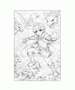 Ausmalbild Anime Held im Kampf mit Drachen