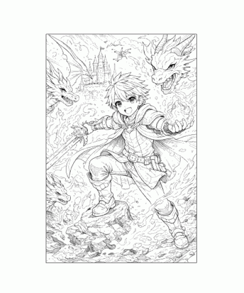 Ausmalbild Anime Held im Kampf mit Drachen