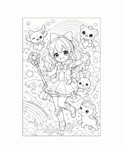 Ausmalbild Anime Mädchen mit Zauberstab und Tieren