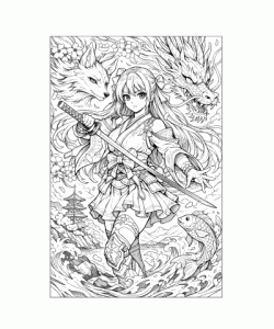 Ausmalbild Anime Kriegerin mit Schwert und Drachen