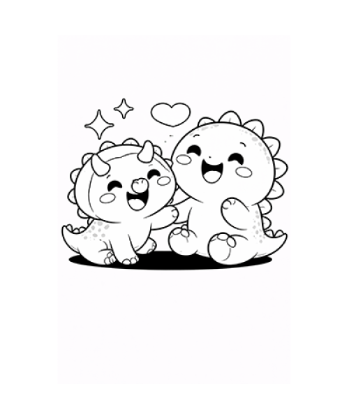 Ausmalbild zwei Dinosaurierbabies spielen fröhlich