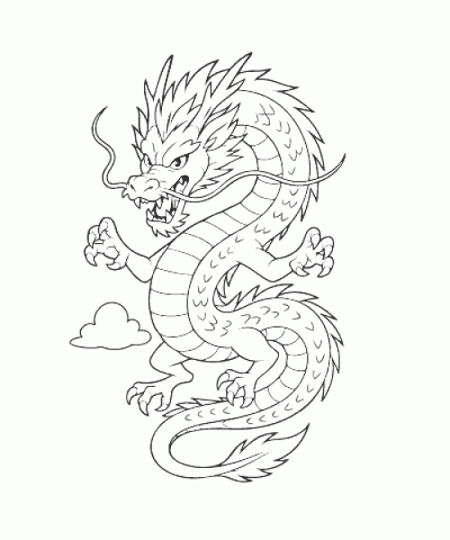 Ausmalbild Asiatischer Drache in kämpferischer Pose