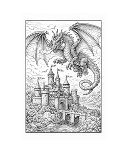 Ausmalbild Drachen vor Burg