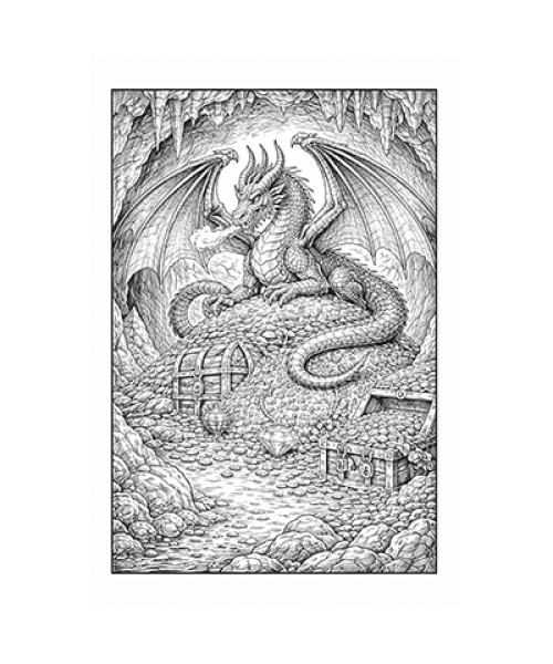 Ausmalbild Drache beschützt Schatz