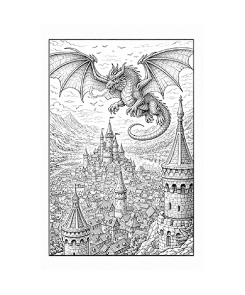 Ausmalbild Drache fliegt über Burg
