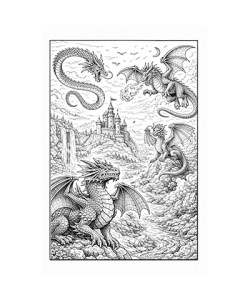 Ausmalbild vier Drachen vor Burg