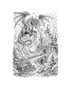 Ausmalbild Drachen brennt Burg nieder