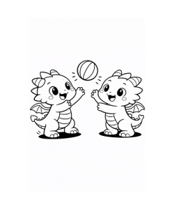 Ausmalbild zwei kleine Drachen spielen Ball