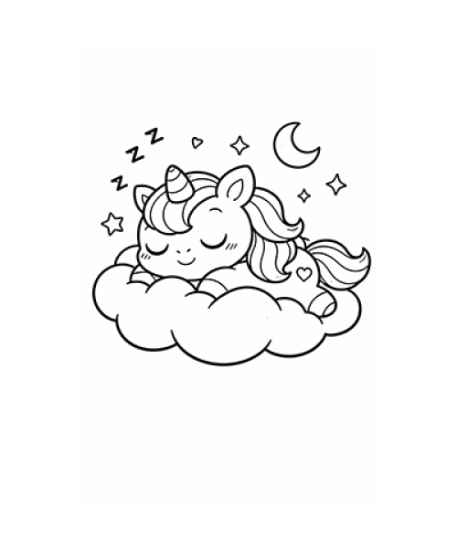 Ausmalbild Einhorn schläft auf Wolke