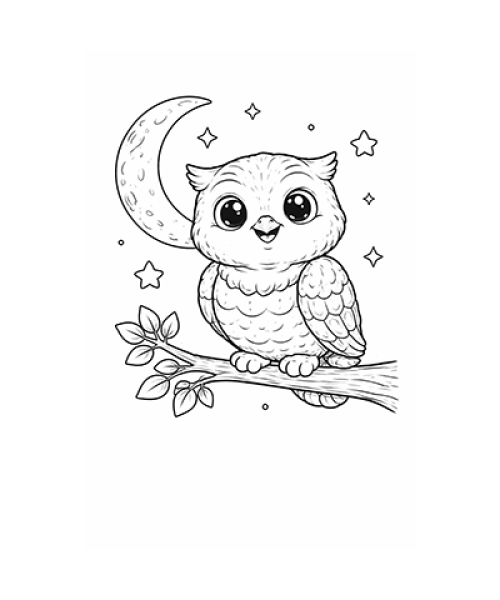 Ausmalbild Eule auf Ast vor Halbmond