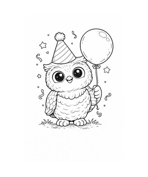 Ausmalbild Eule mit Partyhut und Luftballon