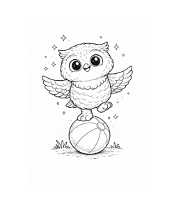 Ausmalbild Eule balanciert auf Ball