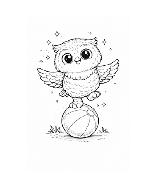 Ausmalbild Eule balanciert auf Ball