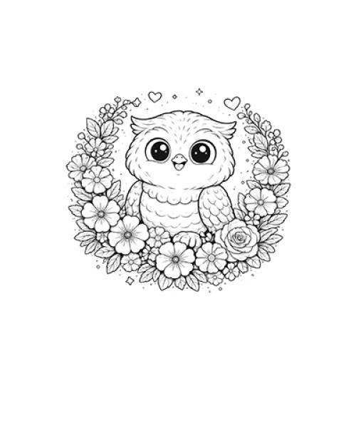 Ausmalbild Eule im Blumenkranz