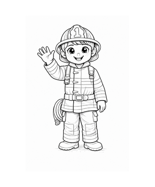 Ausmalbild winkender Feuerwehrjunge