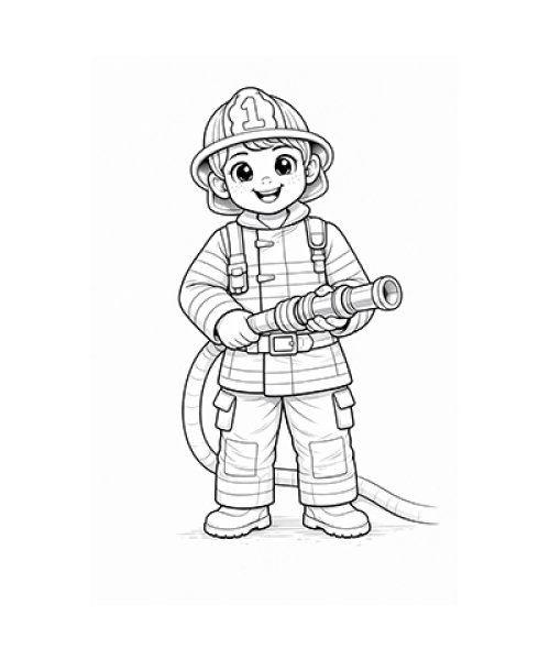 Ausmalbild Feuerwehrjunge mit Schlauch