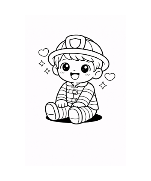 Ausmalbild Feuerwehrjunge sitzt