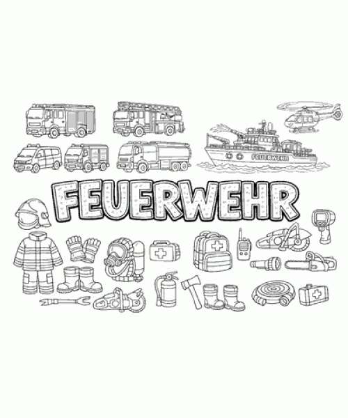 Ausmalbild Feuerwehr Fahrzeuge und Ausrüstung