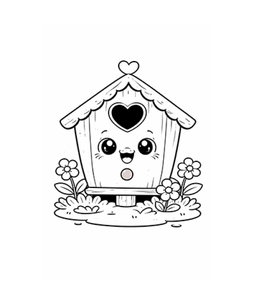 Ausmalbild Vogelhaus mit Blumen