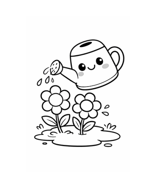 Ausmalbild Gießkanne gießt Blumen