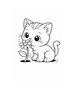 Ausmalbild Katze riecht an Blume