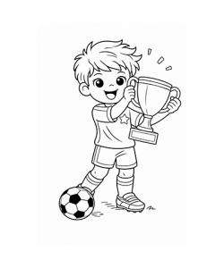 Ausmalbild Fussball Junge hält Pokal