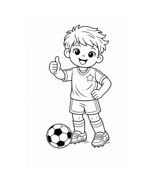 Ausmalbild Fussball Junge Daumen hoch