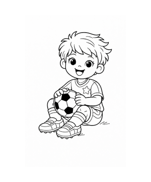 Ausmalbild Fussball Junge sitzt