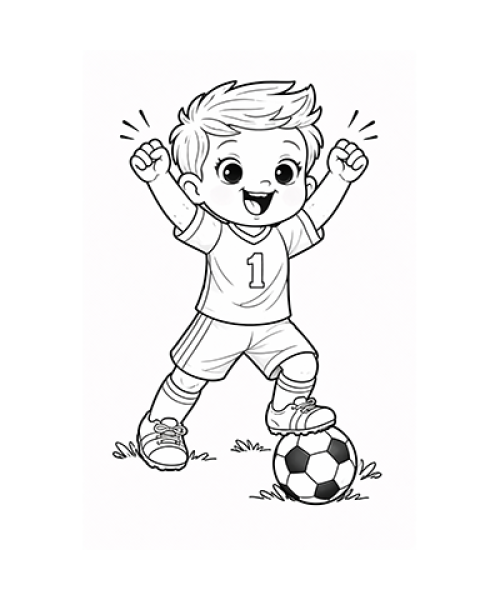 Ausmalbild Fussball Junge jubelt