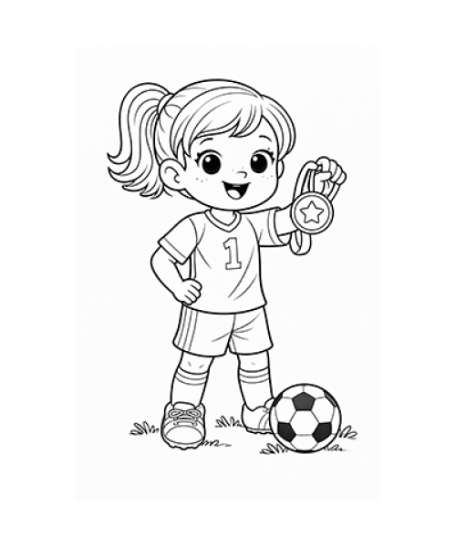 Ausmalbild Fussball Mädchen mit Medaille