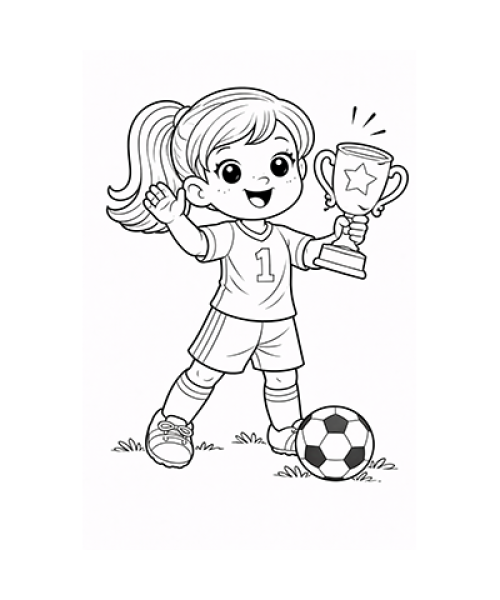 Ausmalbild Fussball Mädchen mit Pokal