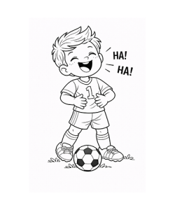 Ausmalbild Fussball Junge lacht