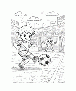 Ausmalbild Fussball Junge schiesst auf Tor