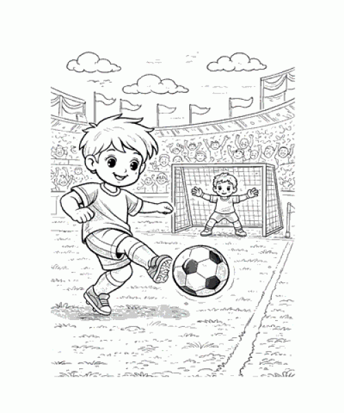 Ausmalbild Fussball Junge schiesst auf Tor